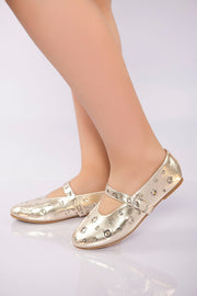 Studded Strap Ballet Flat - Gold