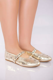 Studded Strap Ballet Flat - Gold