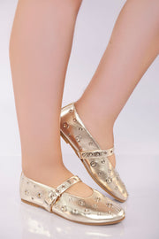 Studded Strap Ballet Flat - Gold
