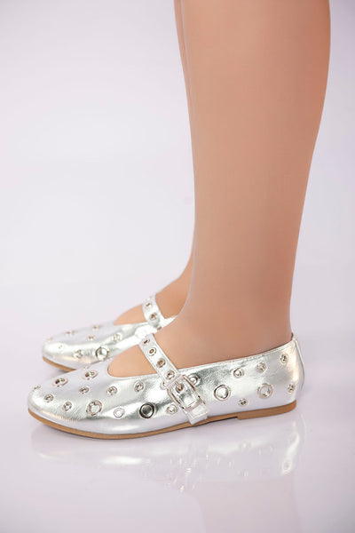 Studded Strap Ballet Flat - Silver