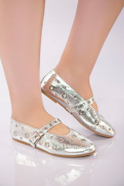 Studded Strap Ballet Flat - Silver