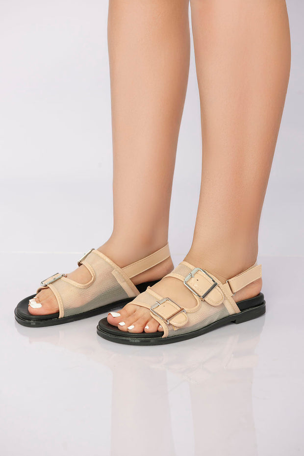 Transparent Mesh Slingback Sandal - Beige