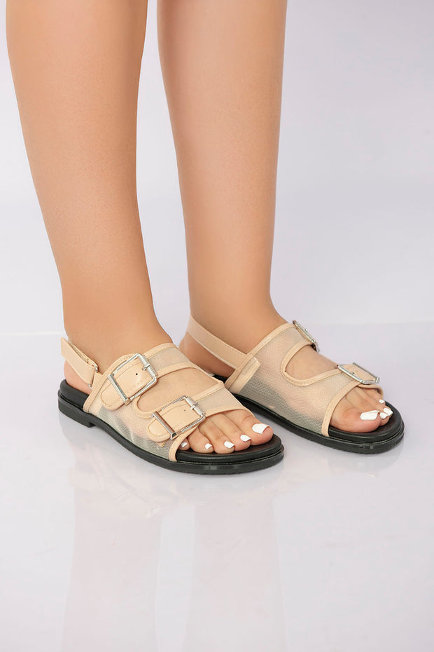 Transparent Mesh Slingback Sandal - Beige